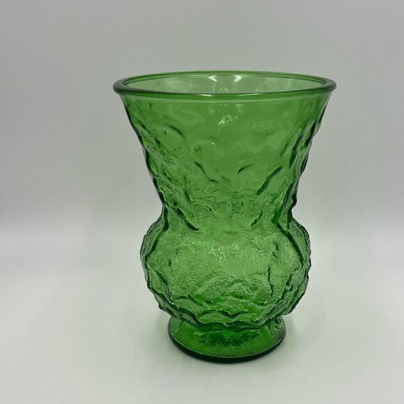 VTG 1960s Crinkle Glass Emerald Green Round Vase - Picture 2 of 6